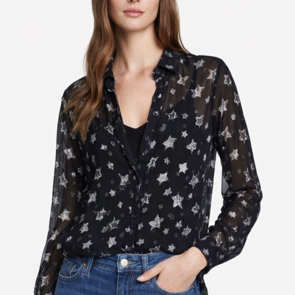 Ramy Brook Tiffany Shooting Stars Print Semi-Sheer Blouse in Black and Silver